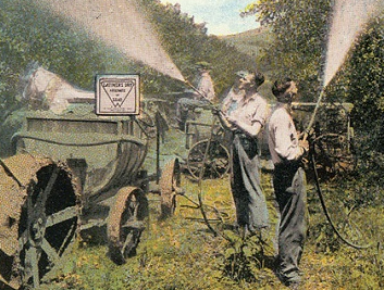 Historic image of men spraying pesticide with no protective gear.